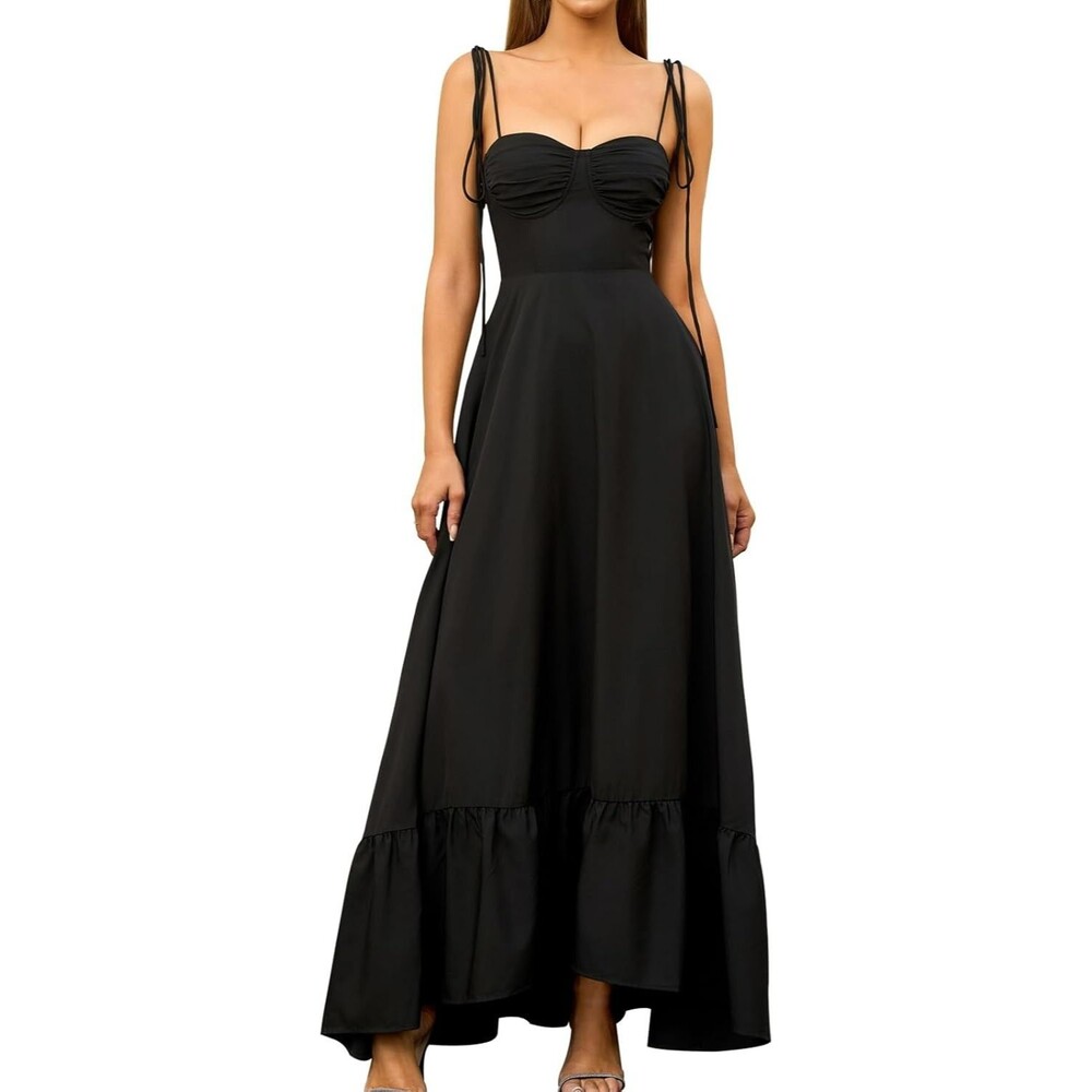 GLNEGE Women's Maxi Dress MEDIUM Black Spaghetti Strap Wedding Guest Party Dress